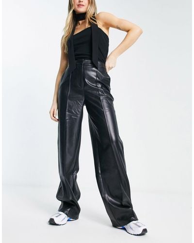 NA-KD X Angelica Blick Faux Leather High Waisted Trousers - Blue
