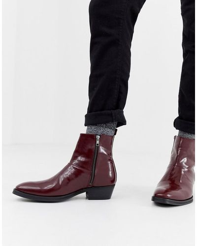 ASOS Stacked Heel Western Chelsea Boots In Burgundy Leather - Red