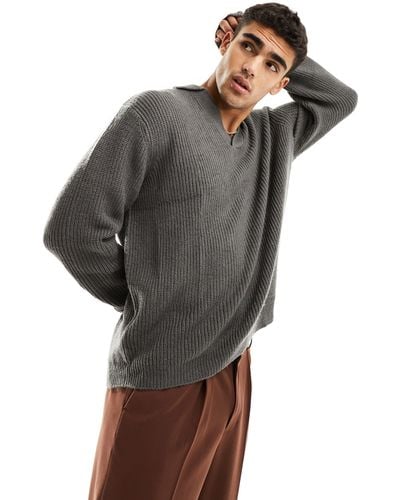 ASOS Knitted Oversized Fisherman Rib Notch Neck Sweater - Grey