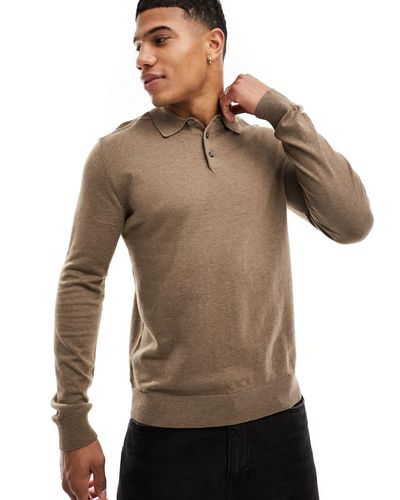 SELECTED Knitted Long Sleeve Polo - Brown
