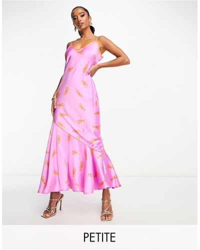 Never Fully Dressed Petite Asymmetric Contrast Satin Slip Dress - Pink