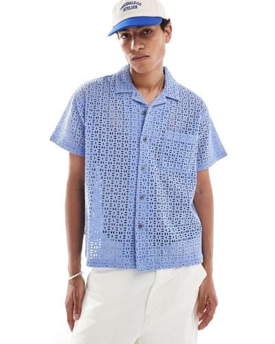 Obey Embroidered Open Short Sleeve Shirt - Blue