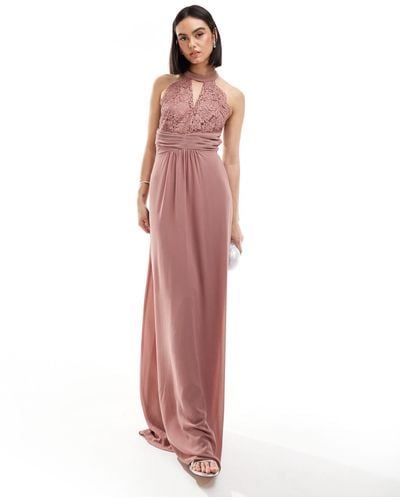 TFNC London Bridesmaids Halterneck Maxi Dress With Lace Detail - Pink