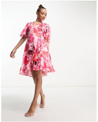 Flounce London Wrap Front Mini Dress With Flutter Sleeves - Pink