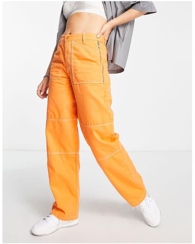 TOPSHOP Workwear Straight Leg Trouser With Fold Over Waistband Detail - Orange