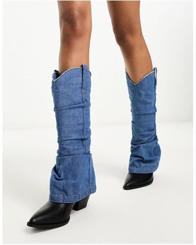 Daisy Street Ruched Western Knee Boots - Blue