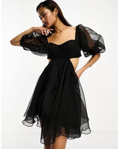 LACE & BEADS Organza Mini Dress - Black
