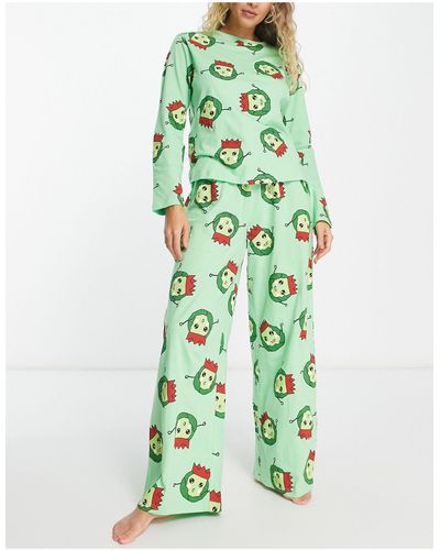 ASOS Christmas Brussels Long Sleeve Top & Trouser Pajama Set - Green