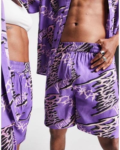 Collusion Unisex Typo Print Shorts Co Ord - Purple