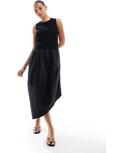 & Other Stories Sleeveless Contrast Fabric Midi Dress With Asymmetric Hem - Black