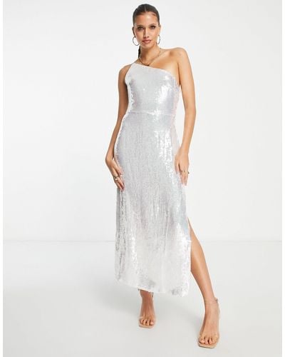Pretty Lavish One Shoulder Thigh Split Embellished Maxi Dress - White