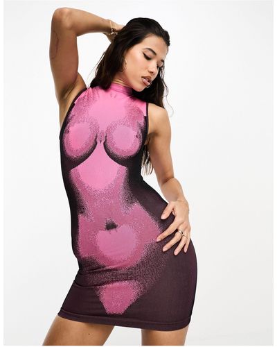LAPP THE BRAND Lapp - vestito corto senza cuciture rosa e nero con stampa stile body art