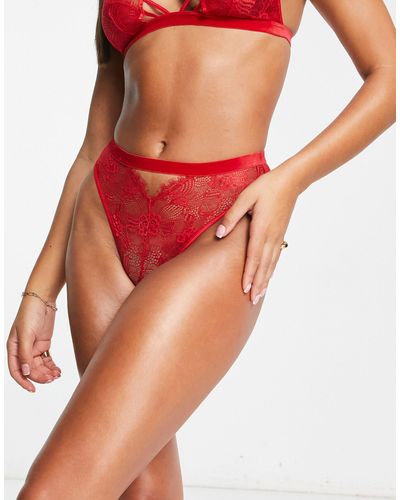 ASOS Viv - Braziliaanse Slip Van Kant En Mesh Met Hoge Taille En Fluwelen Randje - Rood