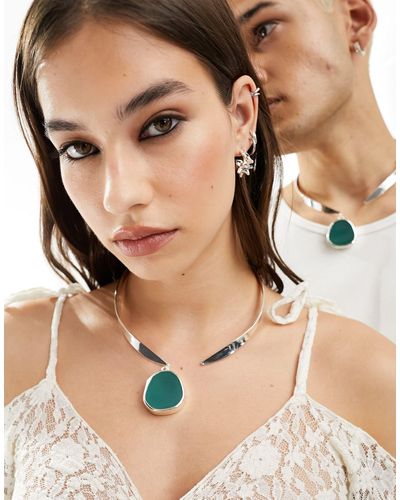 Reclaimed (vintage) Édition limitée - collier unisexe façon torque en plaqué argent massif avec pendentif en jade - Neutre