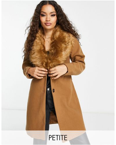 Vila Belted Coat With Fur Collar - Brown