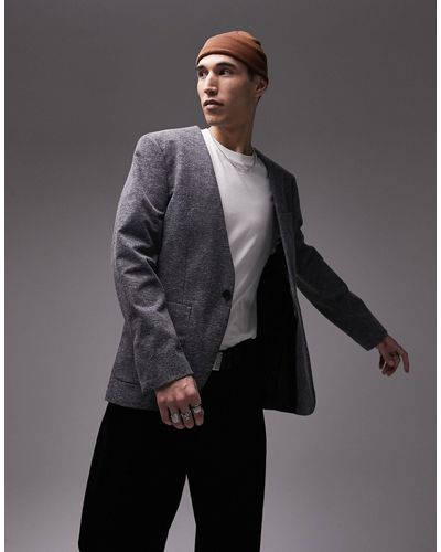 TOPMAN Oversized Collarless Jersey Blazer - Grey