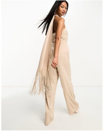 In The Style X Georgia Louise Fringed Scarf Detail Wide Leg Jumpsuit - Natural