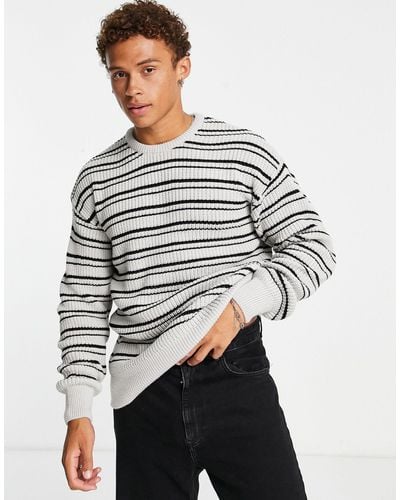 New Look Relaxed Fit Fisherman Stripe Sweater - Gray