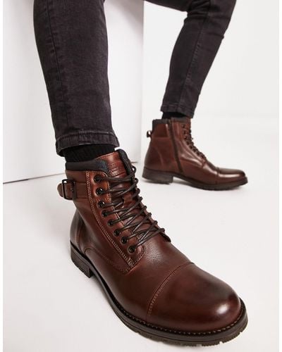 Jack & Jones Leather Lace Up Boot With Cuff - Brown