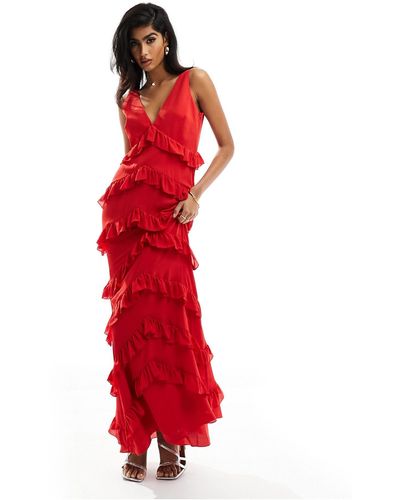 Pretty Lavish Ruffle Maxi Dress - Red