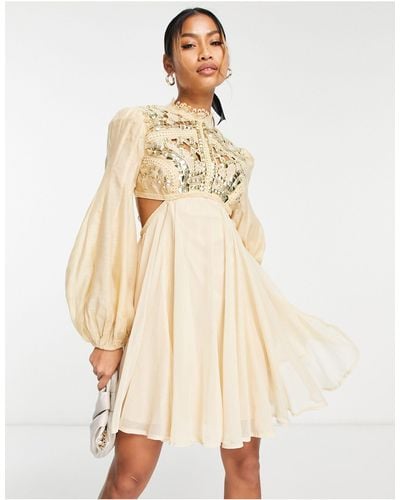 ASOS Embellished Balloon Sleeve Mini Dress With Diamante Cage Cut Out Detail - Natural