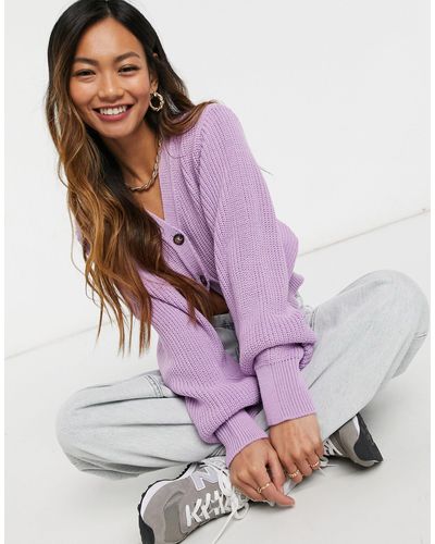 Glamorous Cropped Knitted Cardigan With Balloon Sleeves - Purple