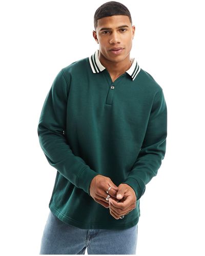 Brave Soul Relaxed Tipped Collar Polo Sweatshirt - Green