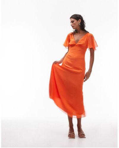 TOPSHOP V Neck Angel Sleeve Midi Dress With Cut Out Back - Orange