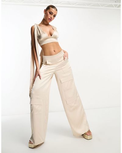 AsYou Satin Wide Leg Utility Pants With Tie Belt - White