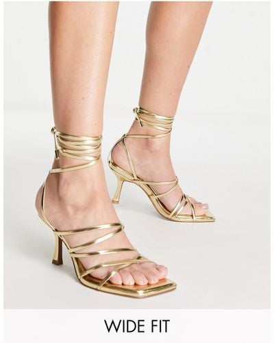 ASOS Wide Fit Hiccup Strappy Tie Leg Mid Heeled Sandals - Metallic