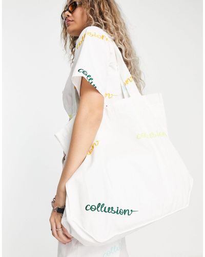 Collusion Tote Bag With Embroidery Co-ord - White