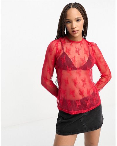 Urban Revivo Mesh Top With Star Motif - Red