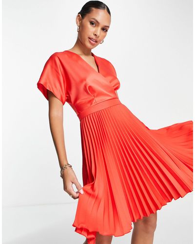 Closet Wrap Front Pleated Midi Skater Dress - Red