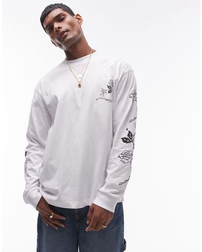 TOPMAN Oversized Fit Long Sleeve T-shirt With Roses Chest And Sleeve Print - Gray