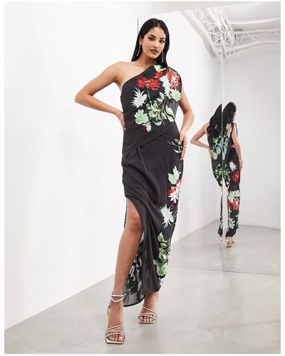 ASOS Floral Embroidered Draped One Shoulder Maxi Dress With Split - White
