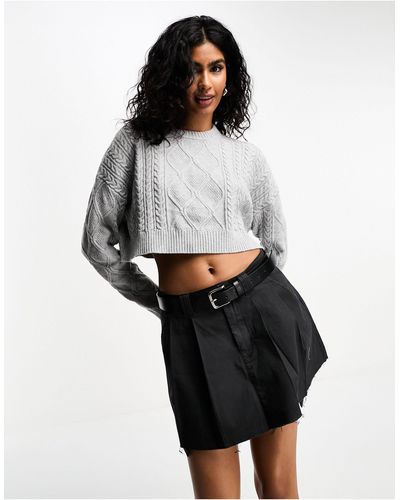 Bershka Cable Knit Cropped Sweater - Gray