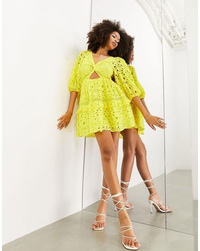 ASOS Broderie Twist Front Mini Dress With Puff Sleeve - Yellow