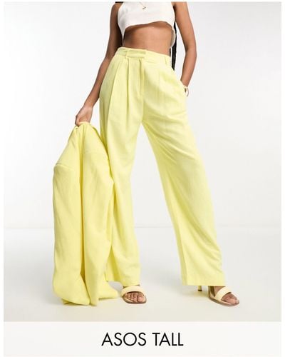 ASOS Tall Inverted Pleat Wide Leg Suit Trouser With Linen - Yellow