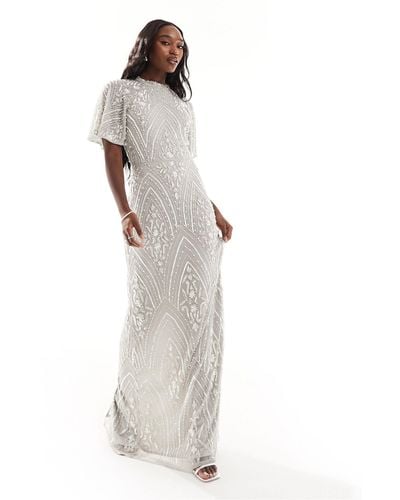 Beauut Bridesmaid All Over Embellished Maxi Dress With Flutter Sleeve And Open Back In - White