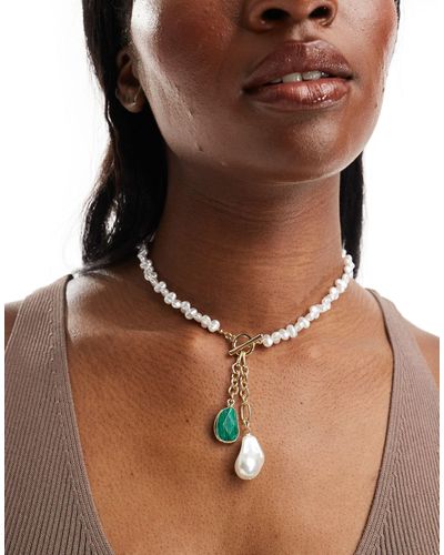 ASOS Necklace With Faux Freshwater Pearl And Malachite Style Charm - Brown