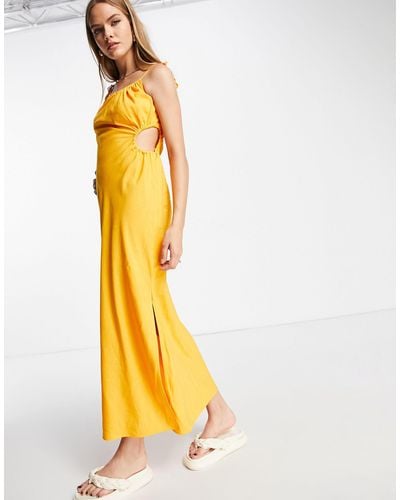 & Other Stories Linen Blend Maxi Dress With Ruching And Side Cut Out - Orange