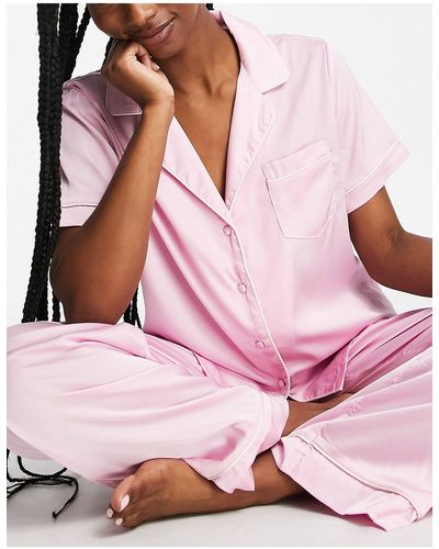 ASOS Satin Piped Short Sleeve Shirt & Trouser Pyjama Set - Purple