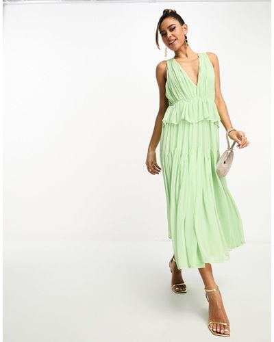 ASOS Plunge Pleated Tiered Midi Dress - Green