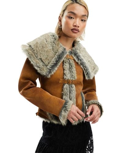 Reclaimed (vintage) Fitted Faux Suede Jacket With Faux Fur Trim And Buckles - Brown