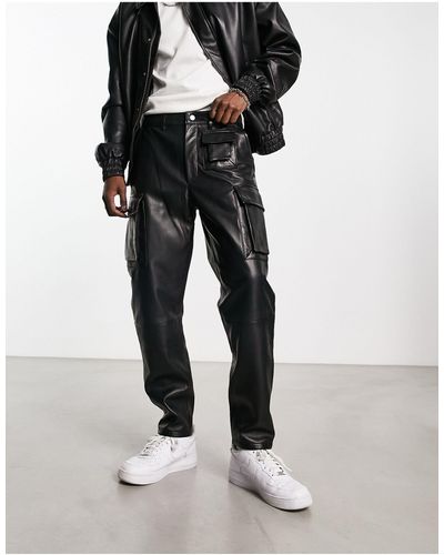 Muubaa Pantalon en cuir droit à poches fonctionnelles - noir