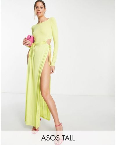 ASOS Asos Design Tall - Maxi-jurk Met Lange Mouwen, Uitsnijdingen En Superhoge Dijsplit - Geel