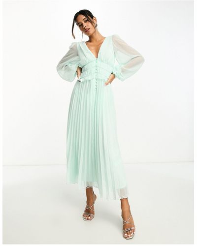 ASOS Robe mi-longue plissée et boutonnée avec fronces à la taille - pâle à pois métallisés - Vert