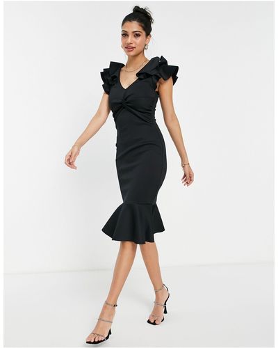 Lipsy Ruffle Scuba Bodycon Midi Dress - Black