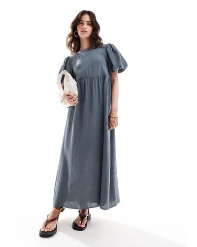 ASOS Double Cloth Midi Smock Dress With Puff Ball Sleeves - Blue