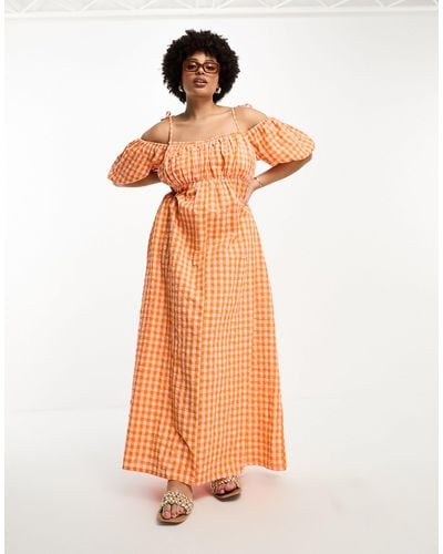 ASOS Asos Design Curve Off Shoulder Cotton Maxi Dress With Ruched Bust Detail - Orange